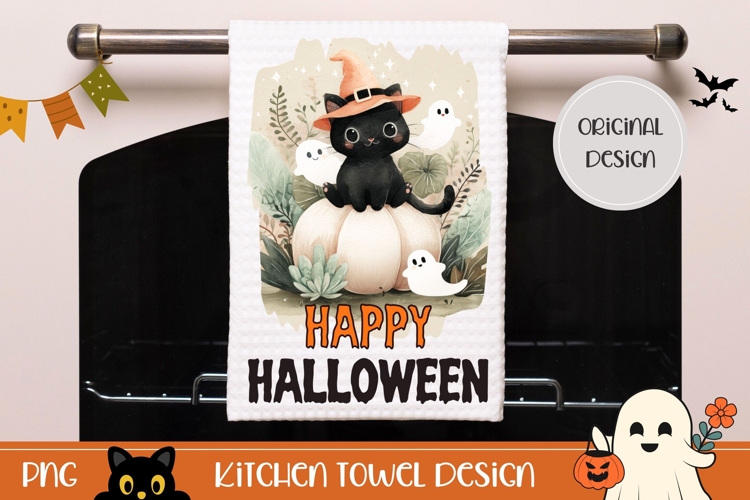 Happy Halloween Towel, Watercolor Black Cat Towel Template