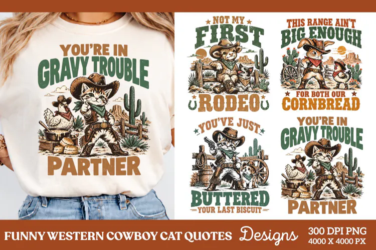 Funny Cowboy Cat Gravy Trouble PNG, Western Cat and Chicken