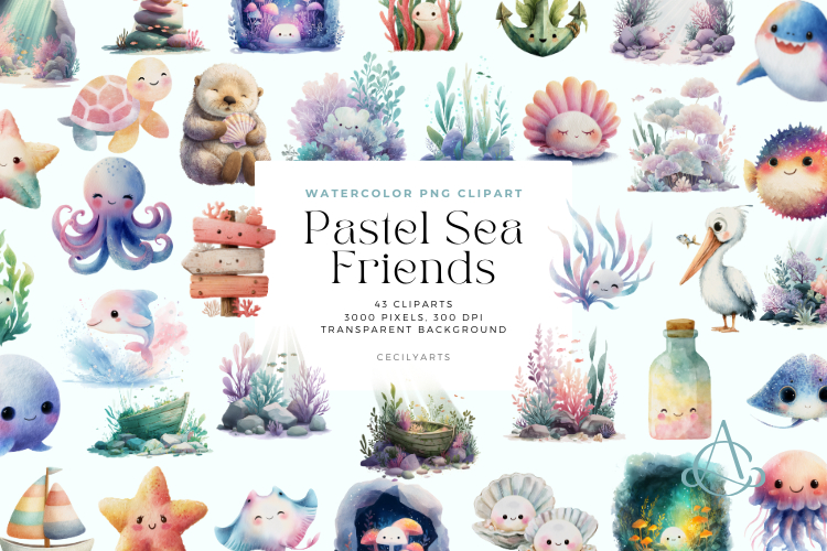 Watercolor Pastel Sea Friends Clipart Bundle