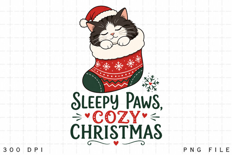 Tuxedo Cat Christmas PNG, Sleepy Paws Cozy Christmas PNG example image 1