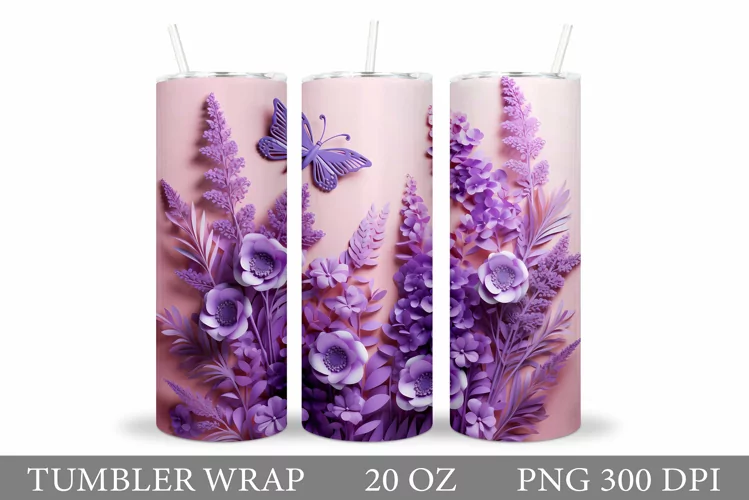 3D Flowers Tumbler Design. Butterfly Tumbler Sublimation