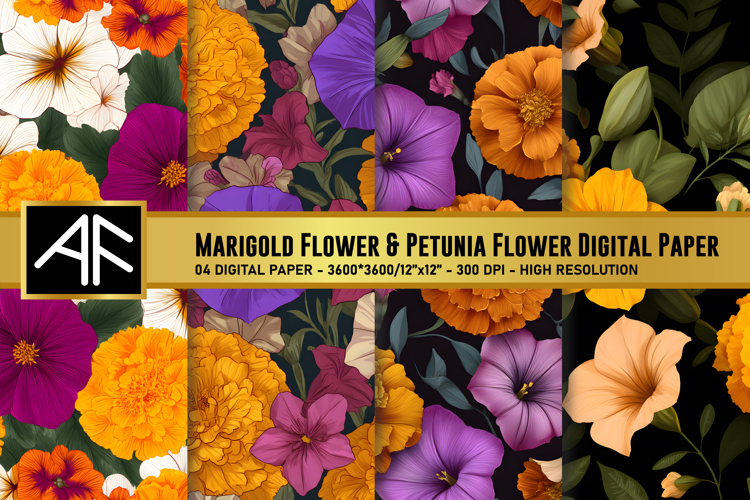 Marigold   Petunia Flower Digital Paper | Flower Pattern
