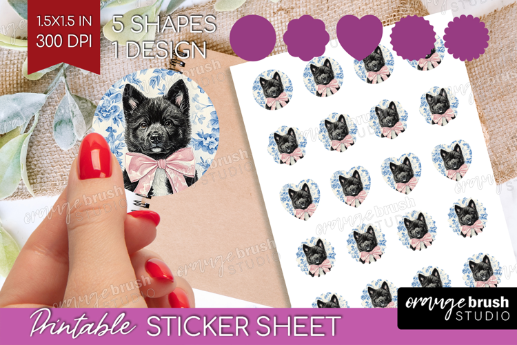 Akita Dog Round Sticker Blue Toile Printable Sticker Sheet