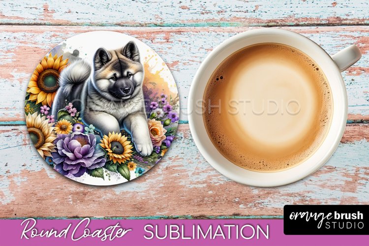 Akita Round Coaster Dog Sublimation Floral PNG