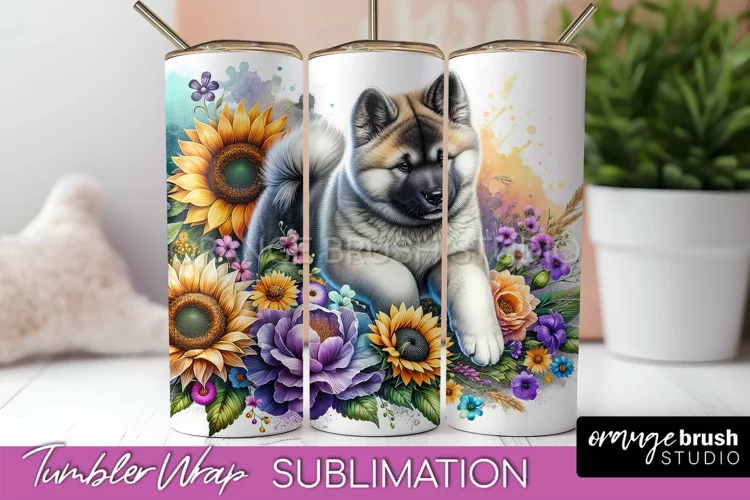 Akita Floral Dog Tumbler Wrap Sublimation