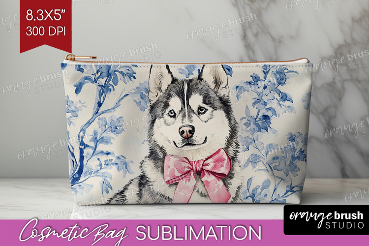Alaskan Malamute Dog Cosmetic Bag Blue Toile Makeup Bag PNG example image 1