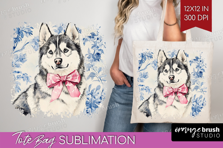 Alaskan Malamute Dog Tote Bag Blue Toile Tote Bag PNG