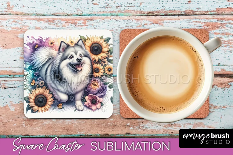 American Eskimo Dog Square Coaster Dog Sublimation Floral