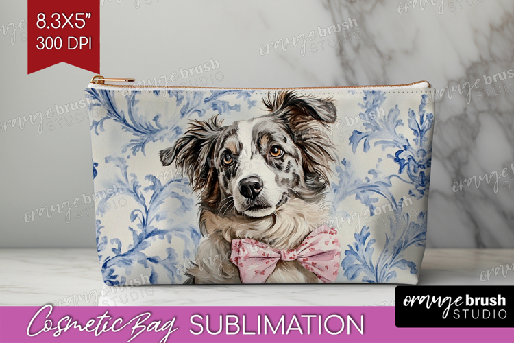 Australian Shepherd Dog Cosmetic Bag Blue Toile Makeup Bag