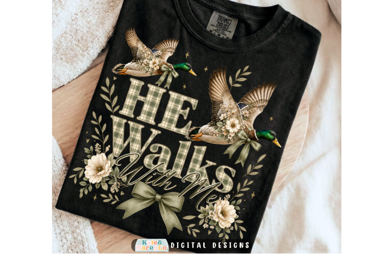 He Walks With Me PNG | Vintage Christian Mallard Duck PNG example image 1