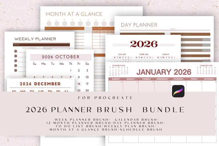 Procreate 2026 Calendar Planner Stamp Brush, Week, Month