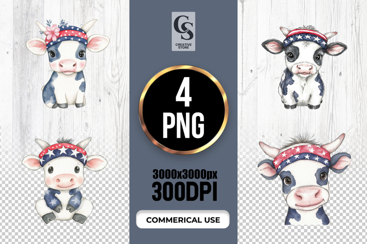 Cute Patriotic Cow Watercolor Clipart PNG