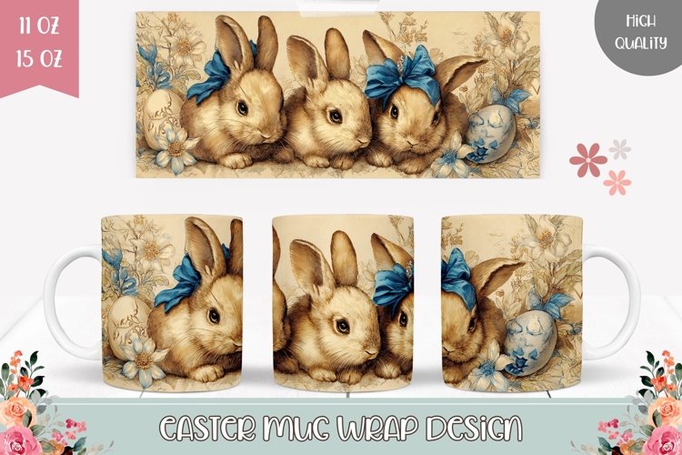 Vintage Mug Wrap Design, Cute Easter Bunnies Mug