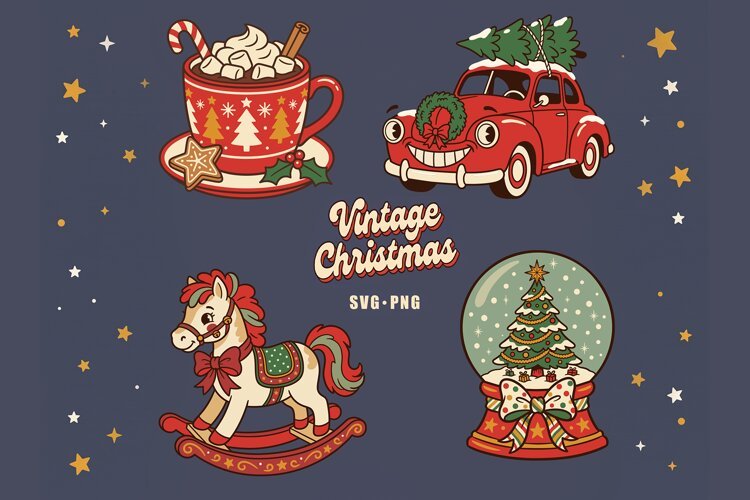 Vintage Christmas SVG PNG, Retro Hot Cocoa Rocking Horse example image 1