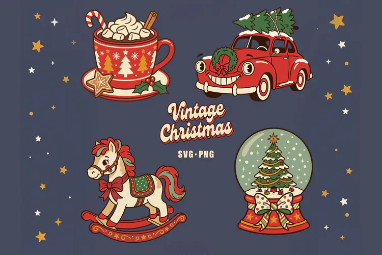 Vintage Christmas SVG PNG, Retro Hot Cocoa Rocking Horse