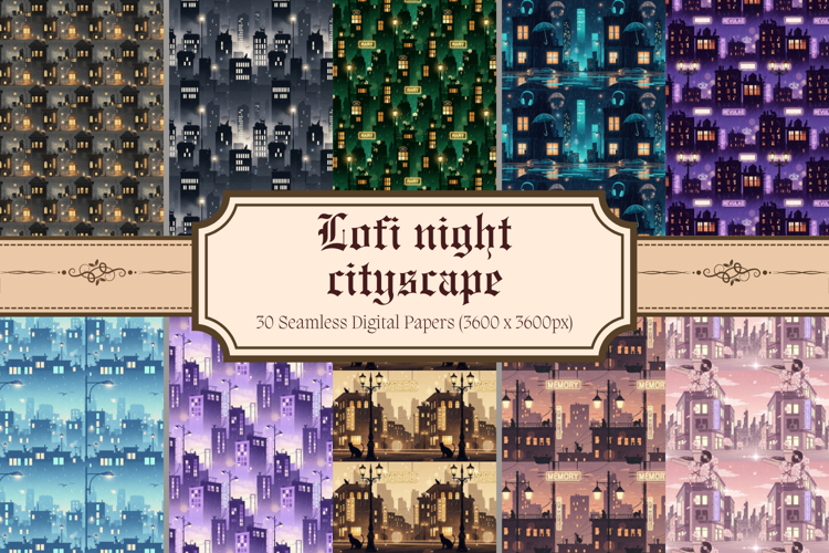 Lofi Night Cityscape Digital Paper,Cozy Anime City Pattern