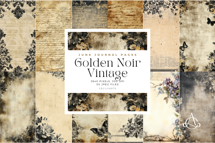 Golden Noir Vintage Junk Journal Pages Bundle