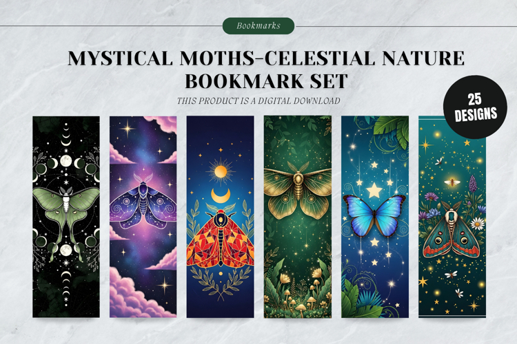 Mystical Moths Celestial Nature Bookmark Set,Printable Witch