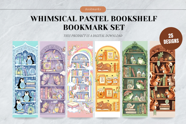 Whimsical Pastel Bookshelf Bookmark Set,Cozy Fantasy Library