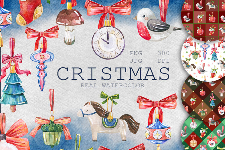 Vintage Watercolor Christmas Clipart & Seamless Patterns example image 1