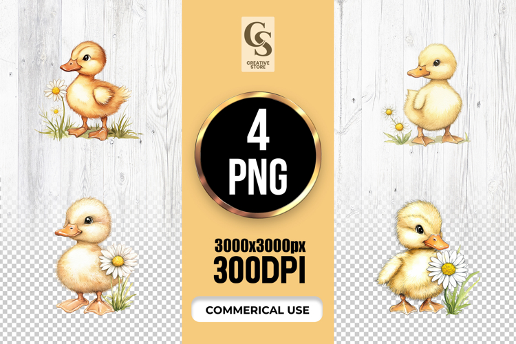 Watercolor Duckling with Daisy Clipart Sublimation PNG