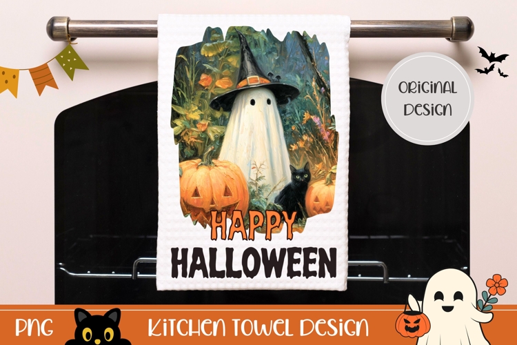 Cartoon Halloween Ghost Towel, Halloween Black Cat Towel PNG