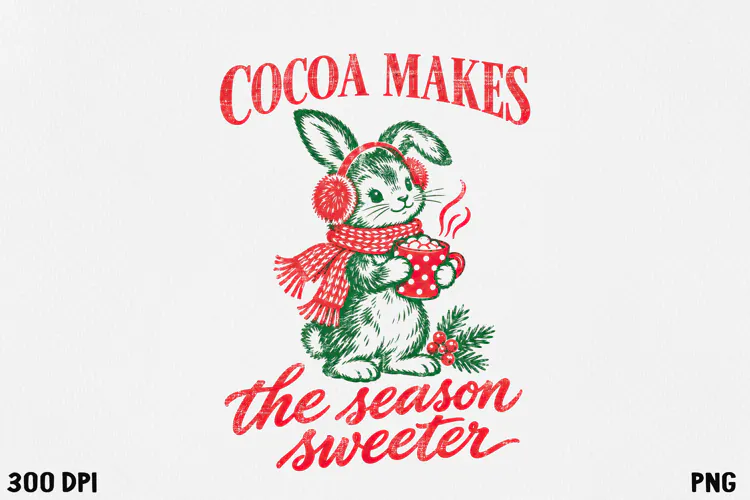 Vintage Christmas Bunny Hot Cocoa Retro Holiday PNG