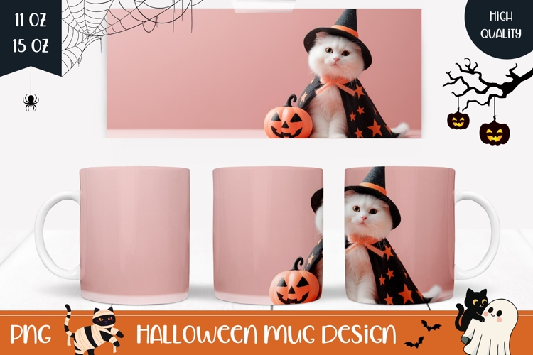 Halloween Cat Mug Wrap, Halloween Pumpkin Mug Design