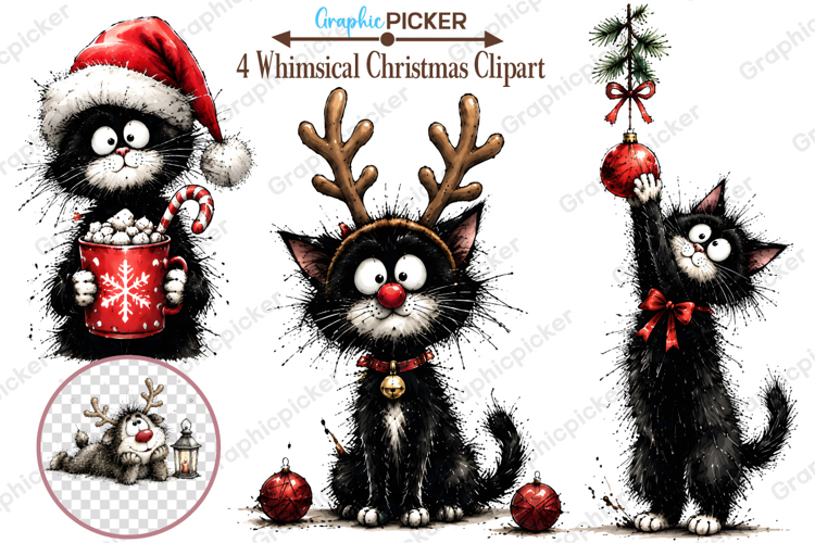 Whimsical Cats Christmas Clipart, Trending Christmas PNG