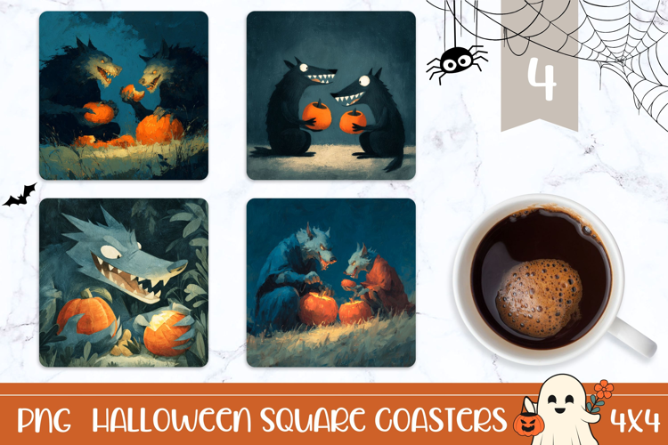 Cartoon Wolf Square Coasters, Halloween Coaster Designs