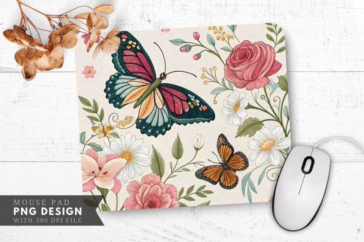 Butterfly Blossoms Embroidery Mouse Pad PNG Design