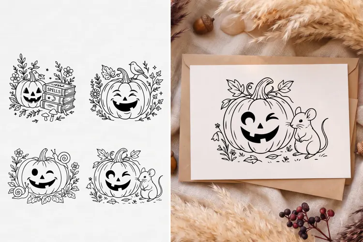 Cottagecore Halloween Pumpkin SVG, Floral Jack O Lantern