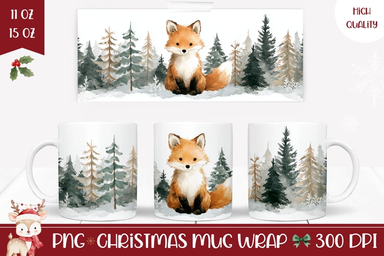 Watercolor Christmas Fox Mug, Winter Forest Mug PNG