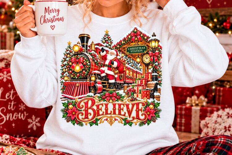 Christmas Believe Santa Train Sublimation PNG example image 1