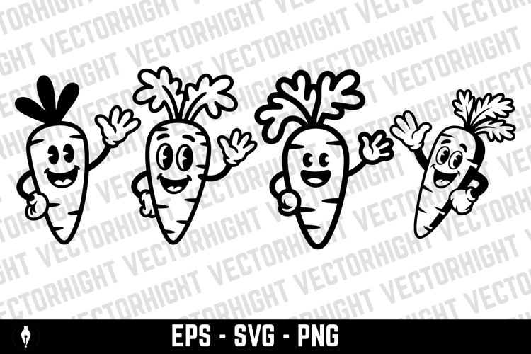 A black and white cartoon mascot of a cheerful carrot