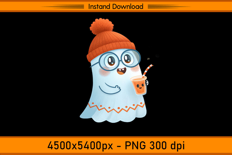 Cute Ghost with Orange Drink Halloween Sublimation PNG