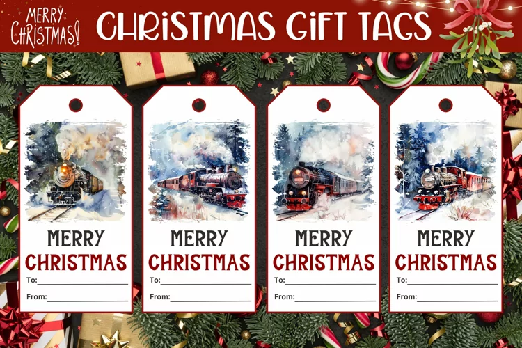 Watercolor Christmas Train Gift Tags, Forest Gift Tag PNG