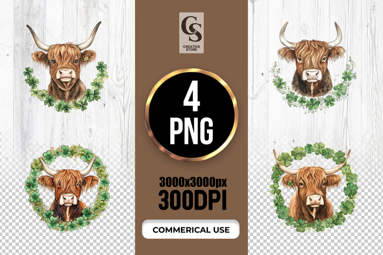 Highland Cow Shamrock Clipart St Patrick’s Day png
