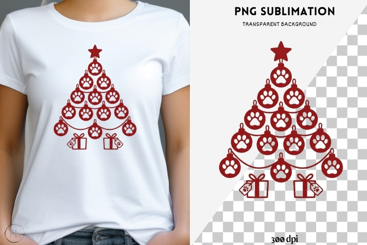 Paw print Christmas tree png design for T-shirts