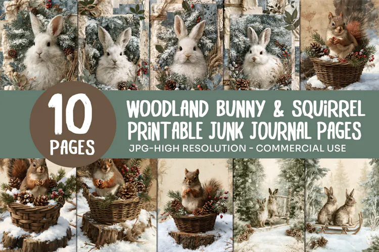 Winter Bunny Squirrel Junk Journal Pages