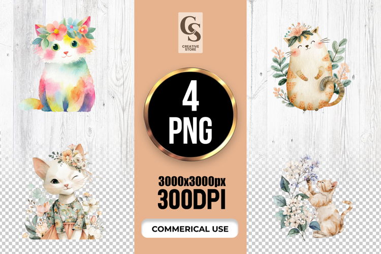 Cute Floral Cat Watercolor Clipart PNG