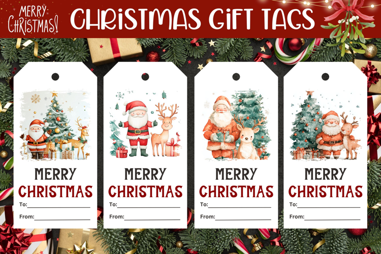Watercolor Christmas Santa Claus Gift Tags, Christmas PNG