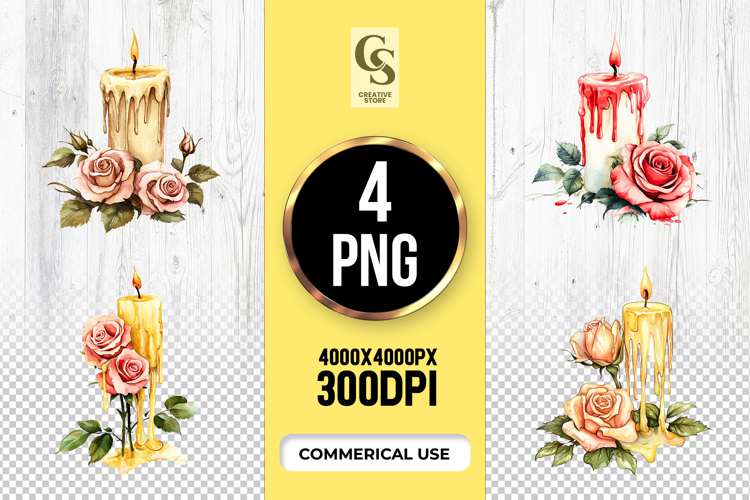 Watercolor Candle Rose Clipart Sublimation PNG
