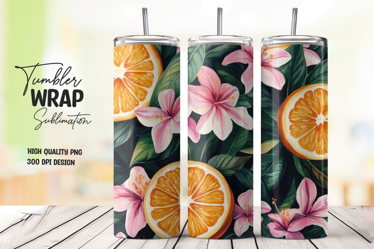 Orange with Leaves and Flowers Tumbler Wrap Sublimation example image 1