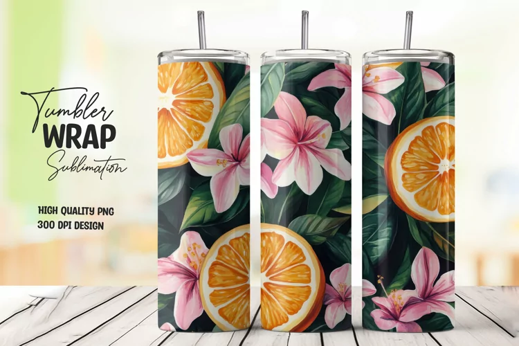 Orange with Leaves and Flowers Tumbler Wrap Sublimation