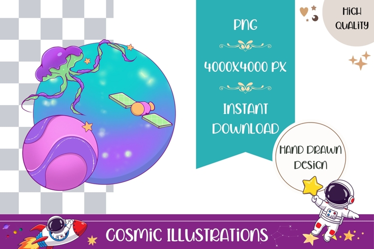 Hand Drawn Cosmic Illustration, Colorful Blue Planet PNG