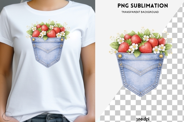 Denim pocket strawberries png design for T-shirts