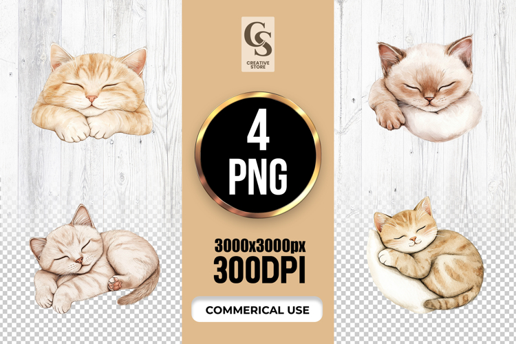 Sleeping Cat Watercolor Clipart Sublimation PNG