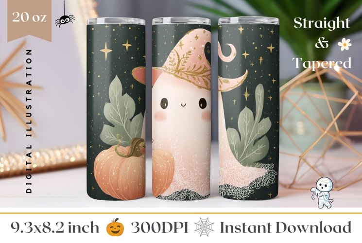 Cartoon Ghost Tumbler Wrap, Glitter Halloween Pumpkin PNG