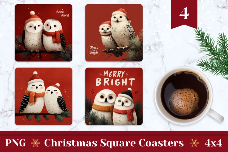Merry Bright Square Coasters, Owl Square Coaster Designs
